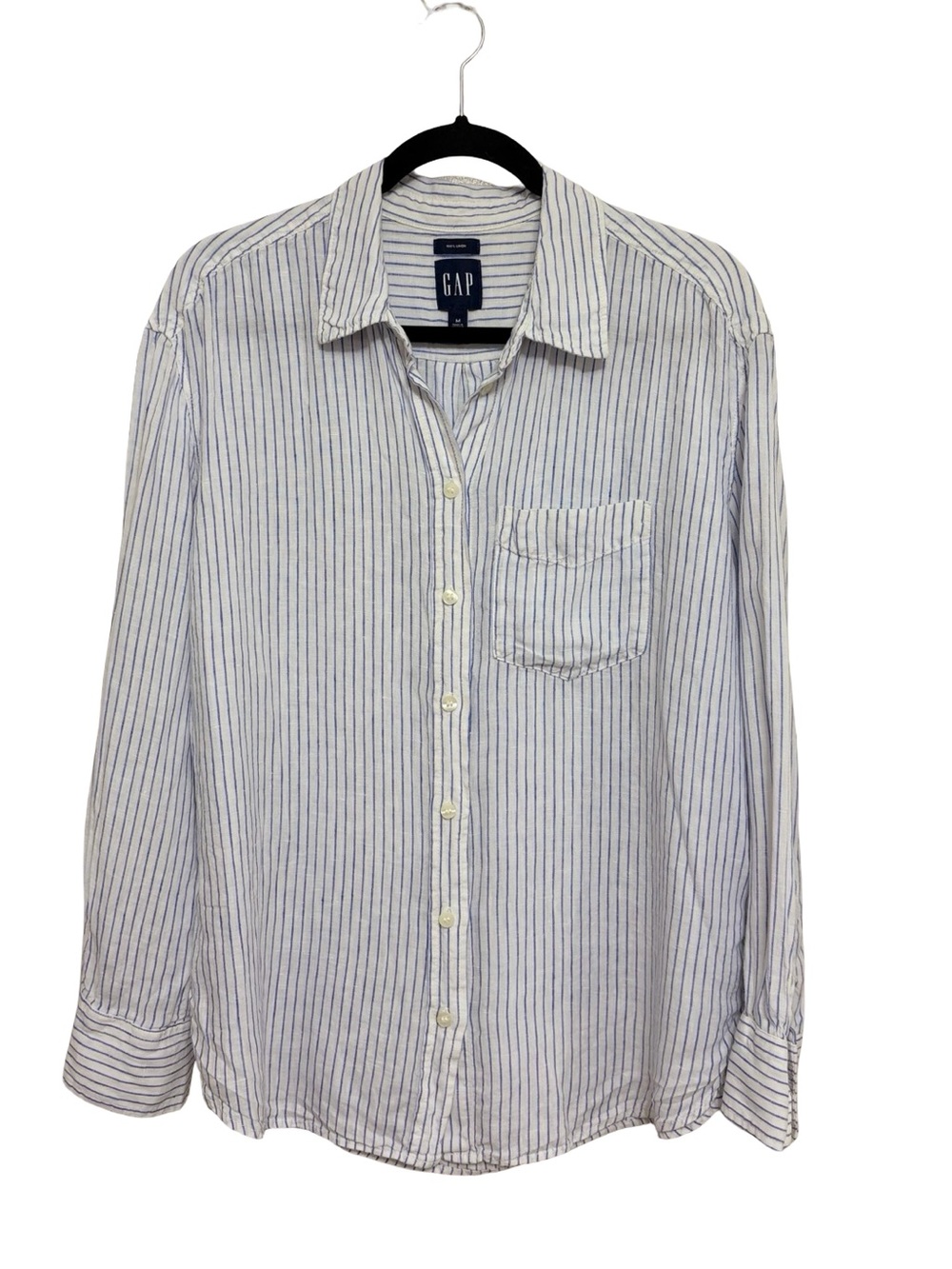 GAP Women’s 100% Linen Oversized Shirt in White with Blue Stripe - Size M